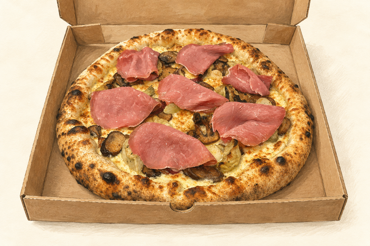 Malt illustrasjon av pizza i takeaway-eske